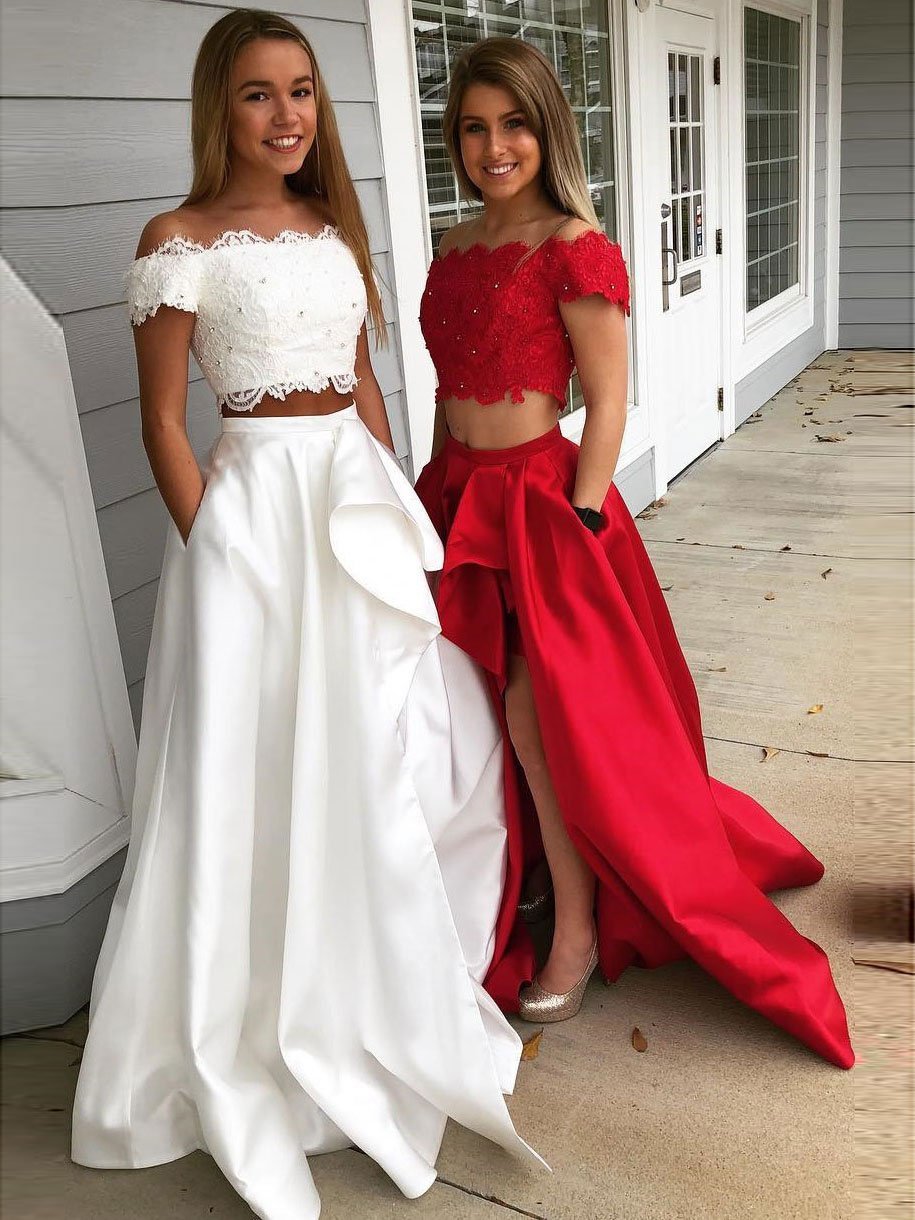 Chic Satin Off-the-shoulder Neckline Floor-length Two-piece A-line Prom Dresses With Beaded Appliques