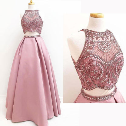 Chic Tulle & Satin Jewel Neckline 2 Pieces A-line Prom Dresses With Beading