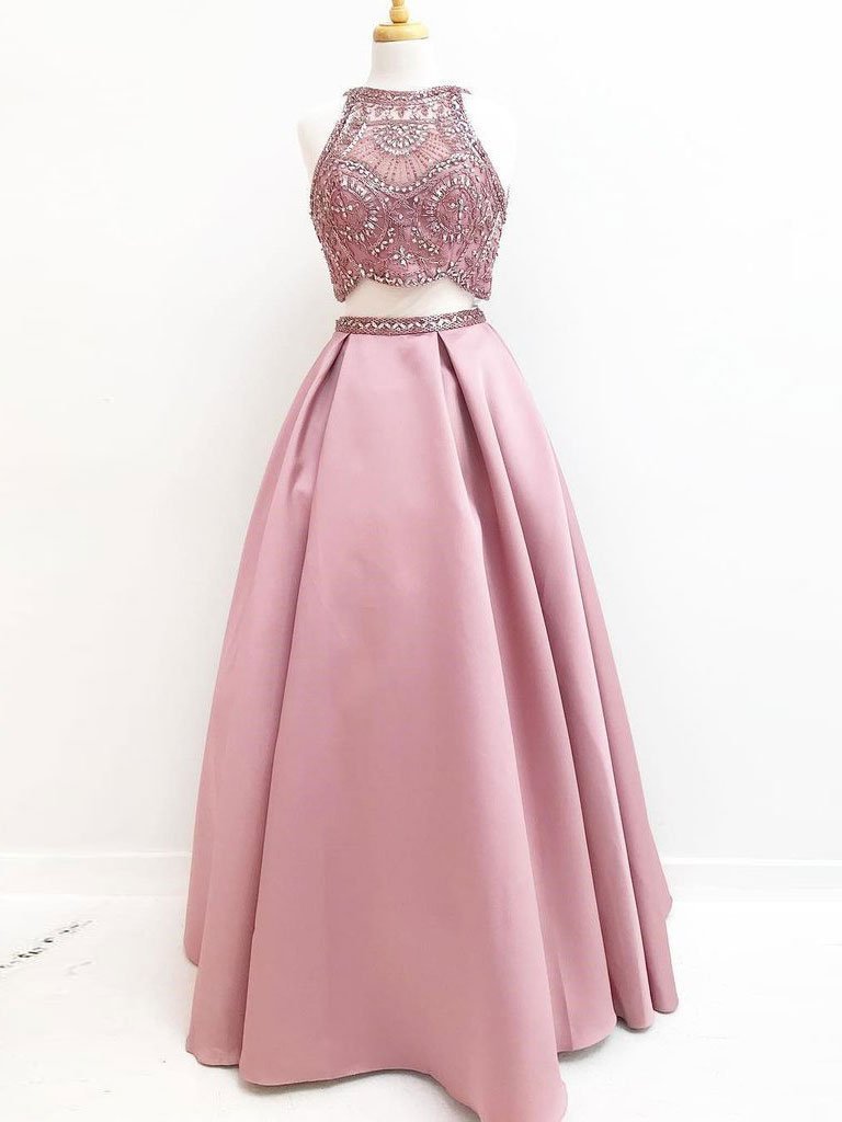 Chic Tulle & Satin Jewel Neckline 2 Pieces A-line Prom Dresses With Beading