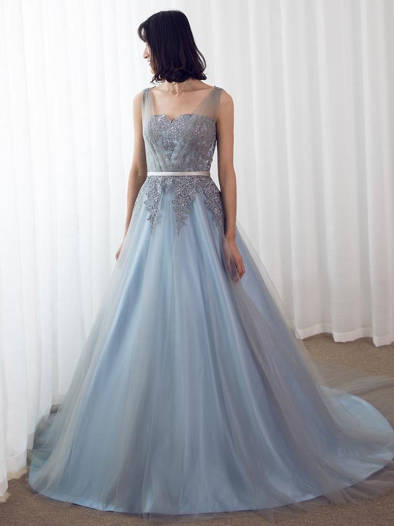 Chic Tulle Sweetheart Neckline Sweep Train A-line Prom Dresses With Appliques