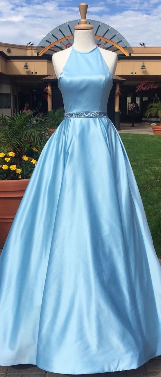 Elegant Satin Halter Neckline Floor-length A-line Prom Dresses With Beading