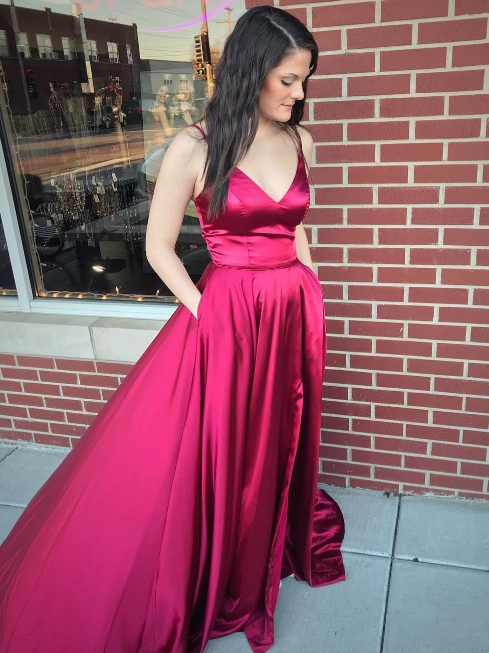 Elegant Satin Spaghetti Straps Neckline Sweep  Train A-line Prom Dresses With Pockets