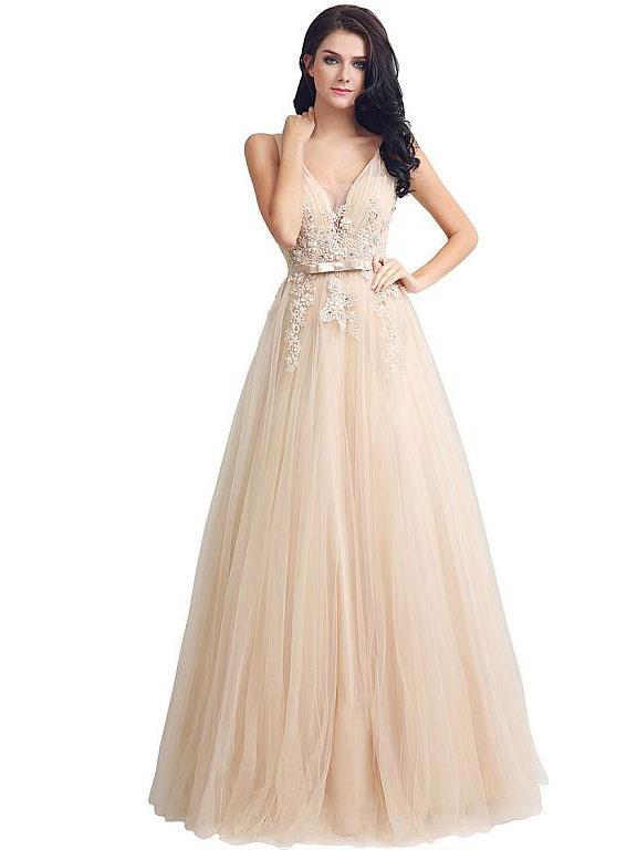 Excellent Tulle V-neck Neckline Floor-length A-line Prom Dresses With Rhinestones Appliques