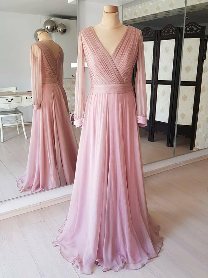 Fabulous Chiffon V-neck Neckline Long Sleeves A-line Prom Dresses