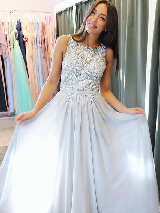 Glamorous Chiffon Scoop Neckline A-line Prom Dresses With Beaded Appliques