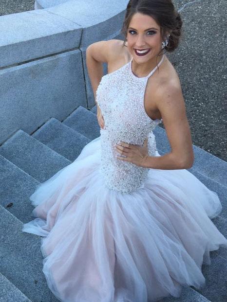 Graceful Tulle Halter Neckline Chapel Train Mermaid Prom Dresses With Beading