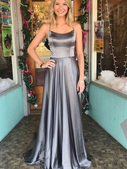 Junoesque Satin Spaghetti Straps Neckline A-line Prom Dress