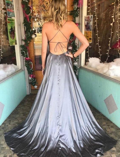 Junoesque Satin Spaghetti Straps Neckline A-line Prom Dress