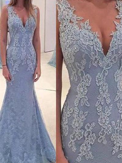 Mermaid Deep-V Floor-length Lace Appliqued Prom Dresses