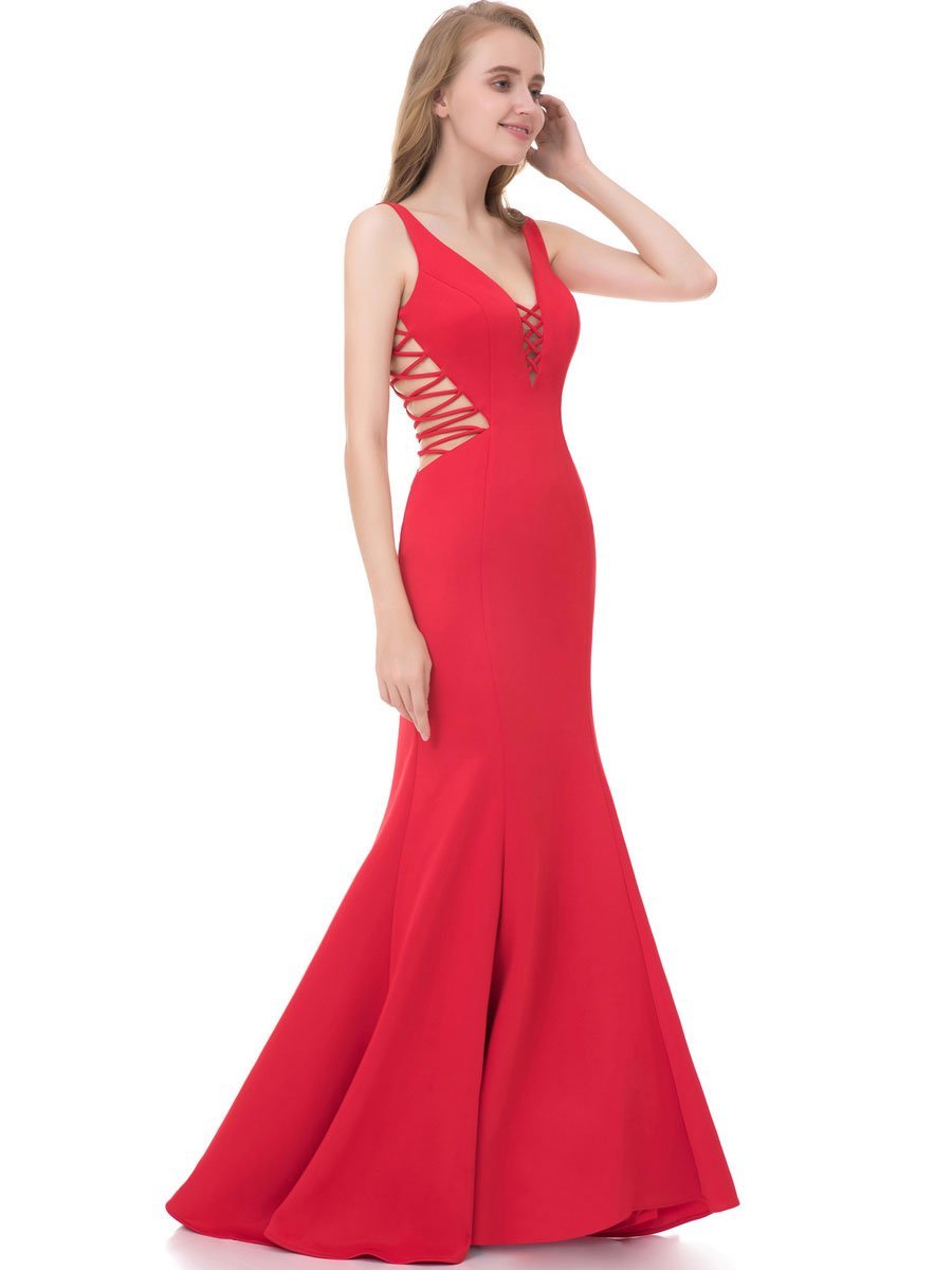 Mermaid Deep-V Sweep Train Jersey Simple Prom Dress