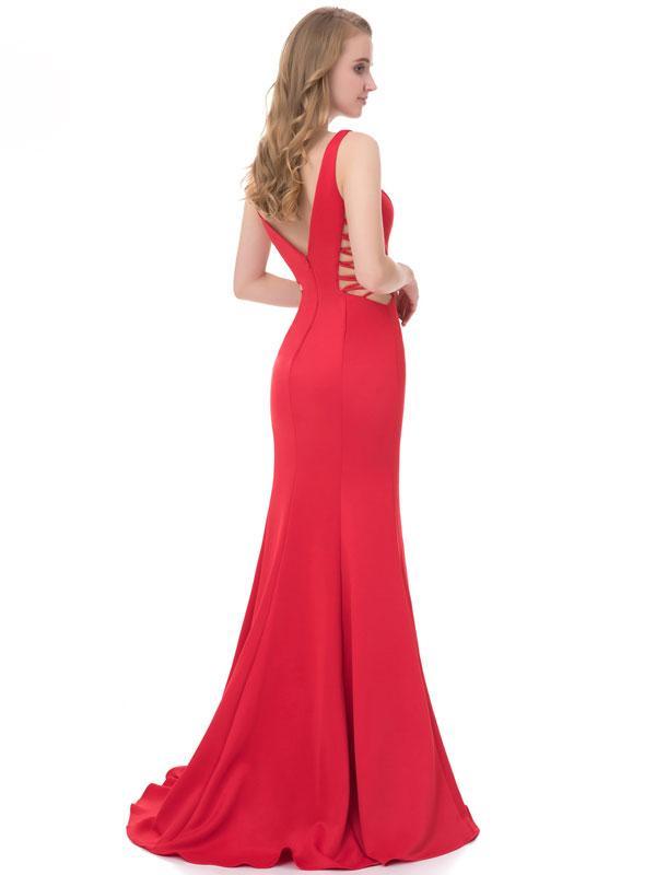 Mermaid Deep-V Sweep Train Jersey Simple Prom Dress