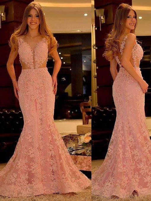 Mermaid Deep-V Sweep Train Lace Appliqued Beaded Pink Prom Dress