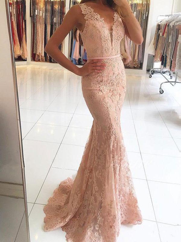 Mermaid Deep-V Sweep Train Tulle Appliqued Beaded Prom Dresses