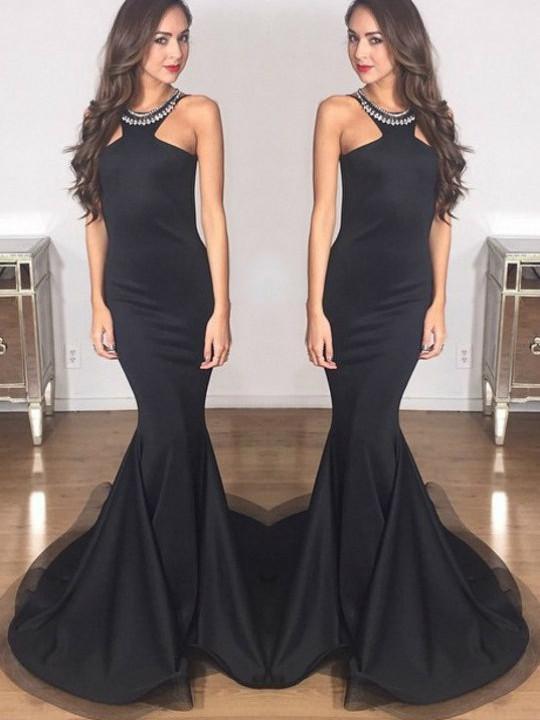 Mermaid Halter Floor-Length Satin Black Simple Prom Dresses