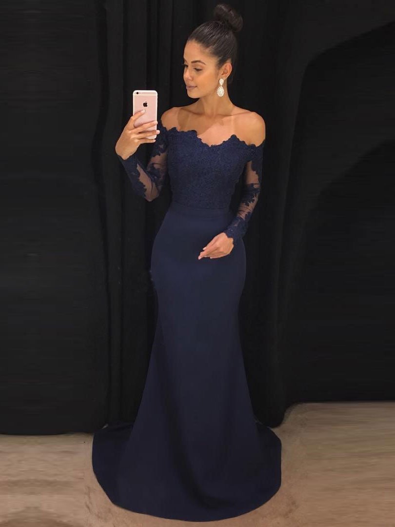 Mermaid Off-Shoulder Sweep Train Jersey Appliqued Prom Dress