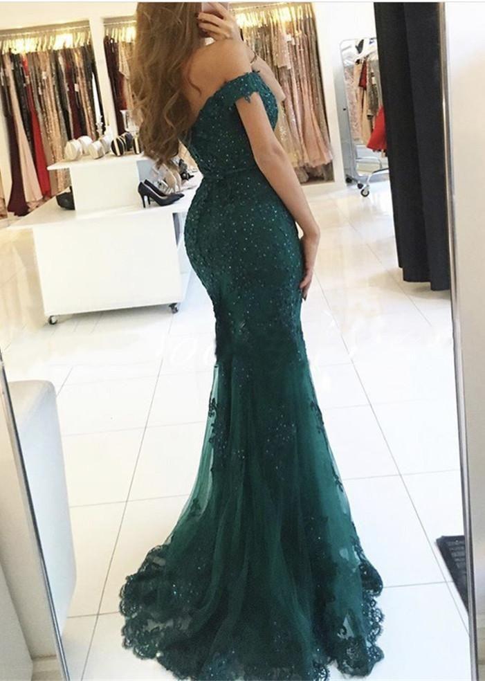 Mermaid Off-Shoulder Sweep Train Tulle Appliqued Beaded Prom Dresses ASD2689