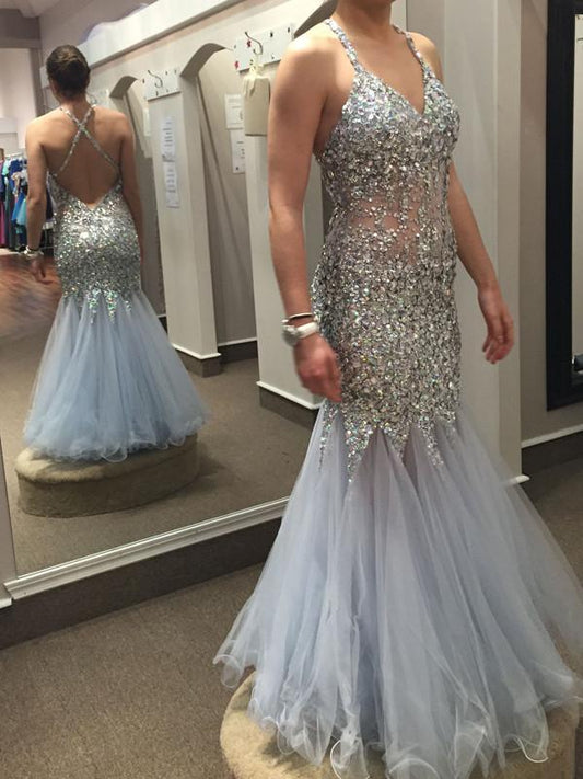 Mermaid Spaghetti Strap Floor-Length Tulle Sequin Prom Dresses