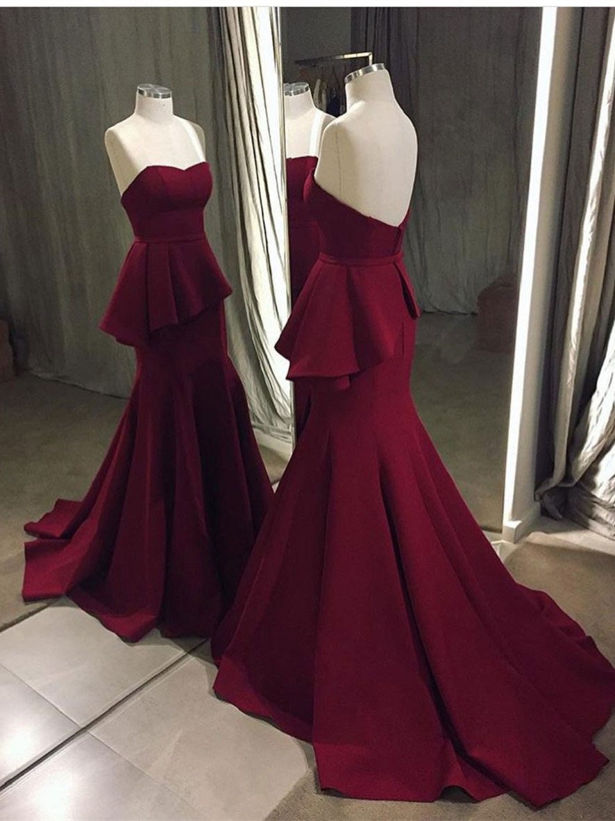 Mermaid Sweetheart Sweep Train Satin Simple Burgundy Prom Dresses