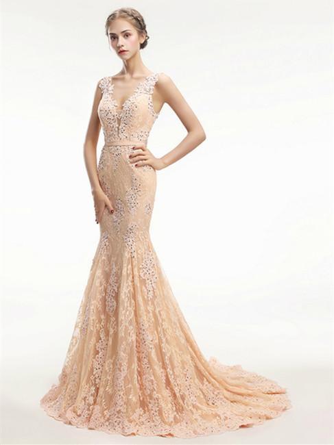 Mermaid V-neck Sweep Train Lace Beading Elegant Prom Dresses