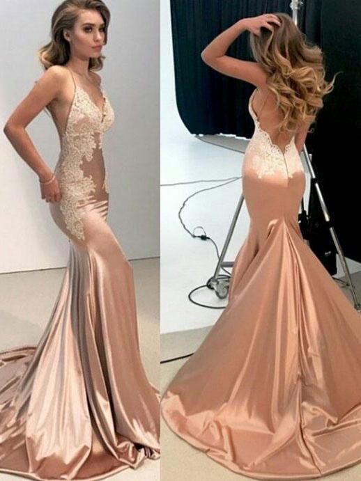 Modern Satin Spaghetti Straps Neckline Sheath Prom Dresses With Appliques