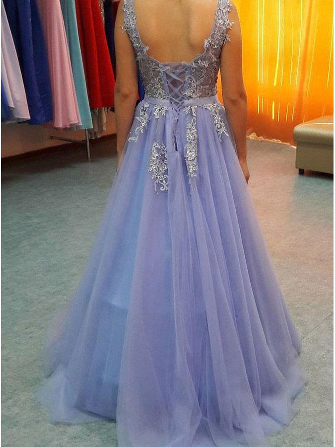 Modern Tulle V-neck Neckline Sweep Tran A-line Prom Dresses With Beaded Appliques