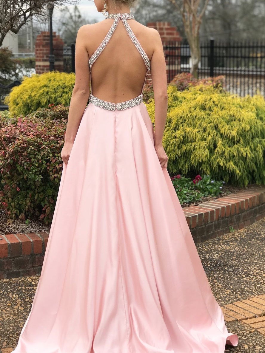 Popular Satin Jewel Neckline Backless Sweep Train A-line Prom Dresses With Rhinestones