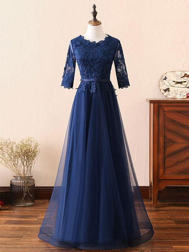 Popular Tulle Scoop Neckline Floor-length A-line Prom  Dresses With Beaded Appliques