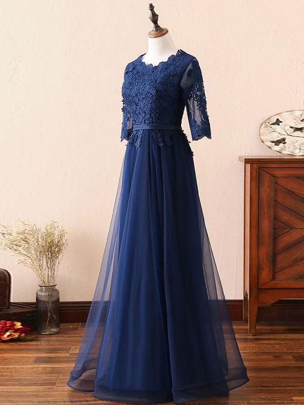 Popular Tulle Scoop Neckline Floor-length A-line Prom  Dresses With Beaded Appliques