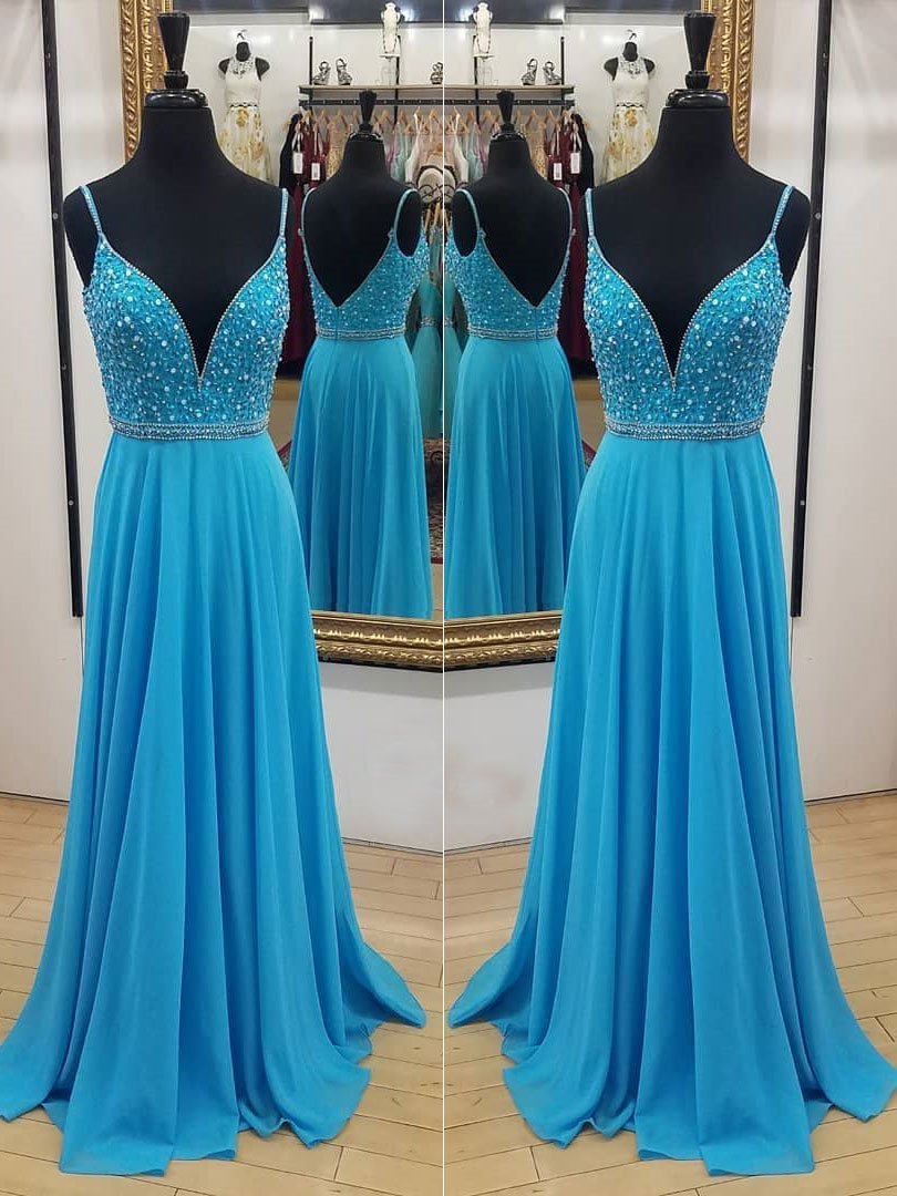 Shining Chiffon Spaghetti Straps Neckline A-line Prom Dresses With Beading