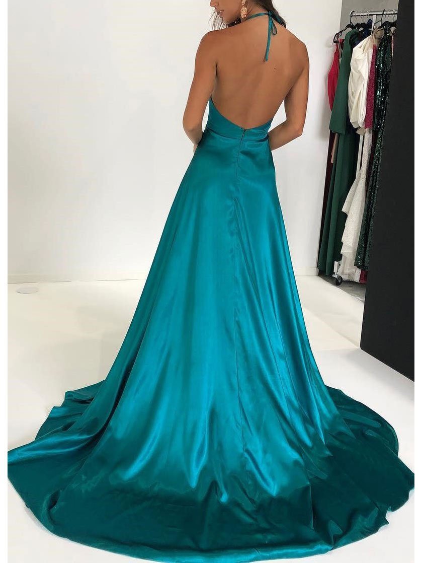 Simple Satin Halter Neckline Chapel Train A-line Prom Dresses With Slit