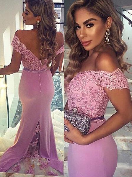 Trumpet/Mermaid Off-Shoulder Sweep Train Jersey Appliqued  Prom Dresses