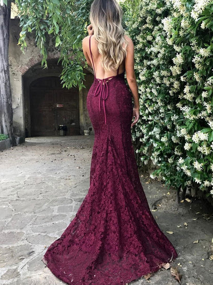 Sexy Trumpet/Mermaid V-Neck Sweep Train Lace Long Prom Dresses