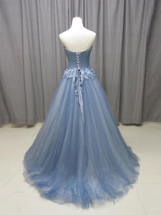 Unique Tulle Sweetheart Neckline Sweep Train A-line Prom Dresses With Appliques