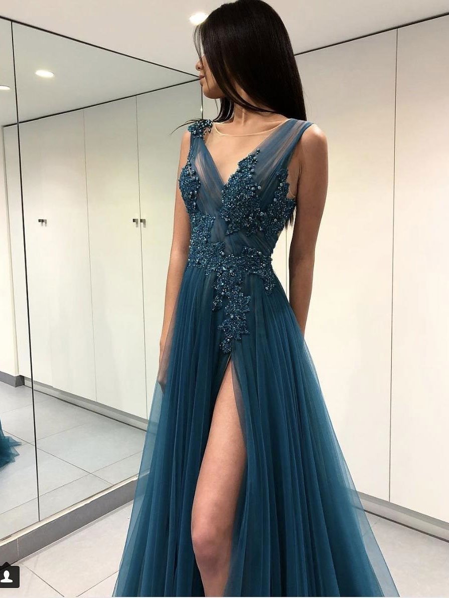 V-neck Lace Appliqued Sexy Long Formal Prom Dresses with Split