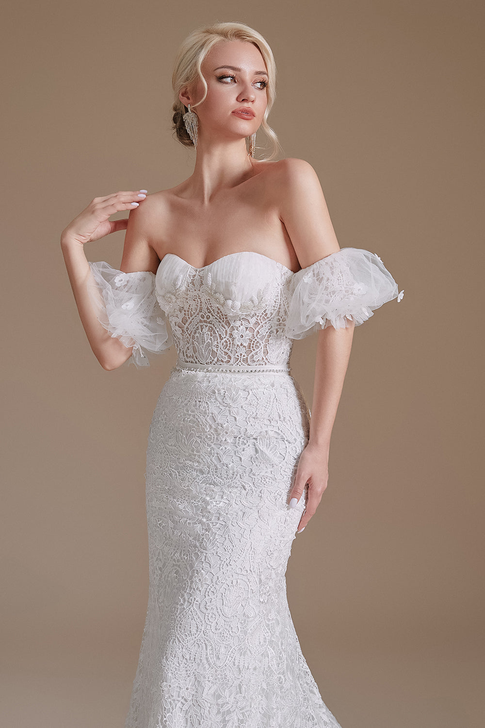 White Mermaid Lace Detachable Puff Sleeves Sweep Train Bridal Dress