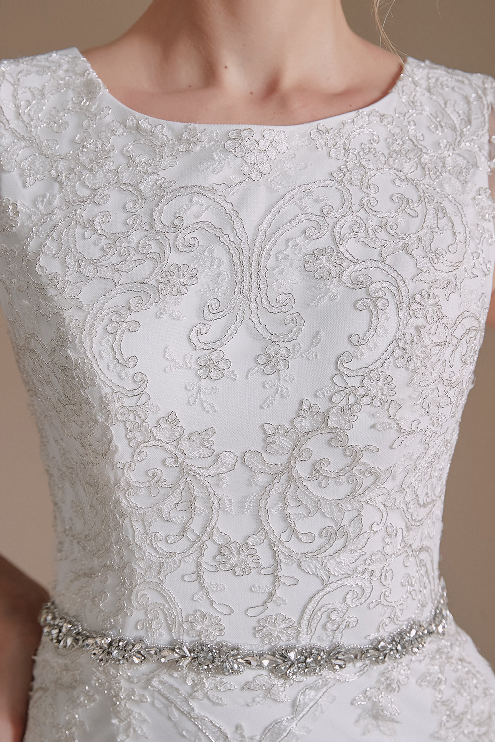 White Mermaid Cap Sleeves Bridal Dress with Lace