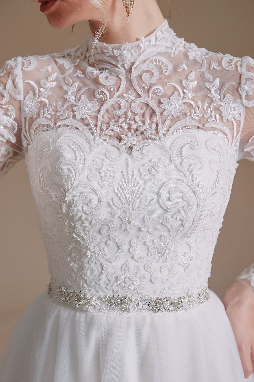 White A-Line High Neck Long Sleeves Wedding Dress with Lace