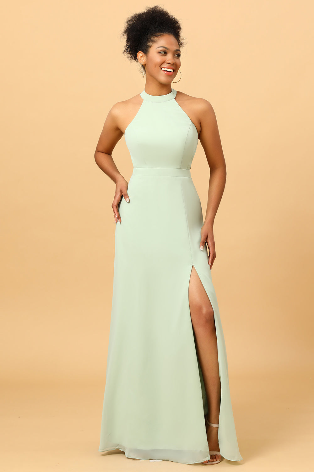 A Line Halter Dusty Sage Long Bridesmaid Dress with Open Back