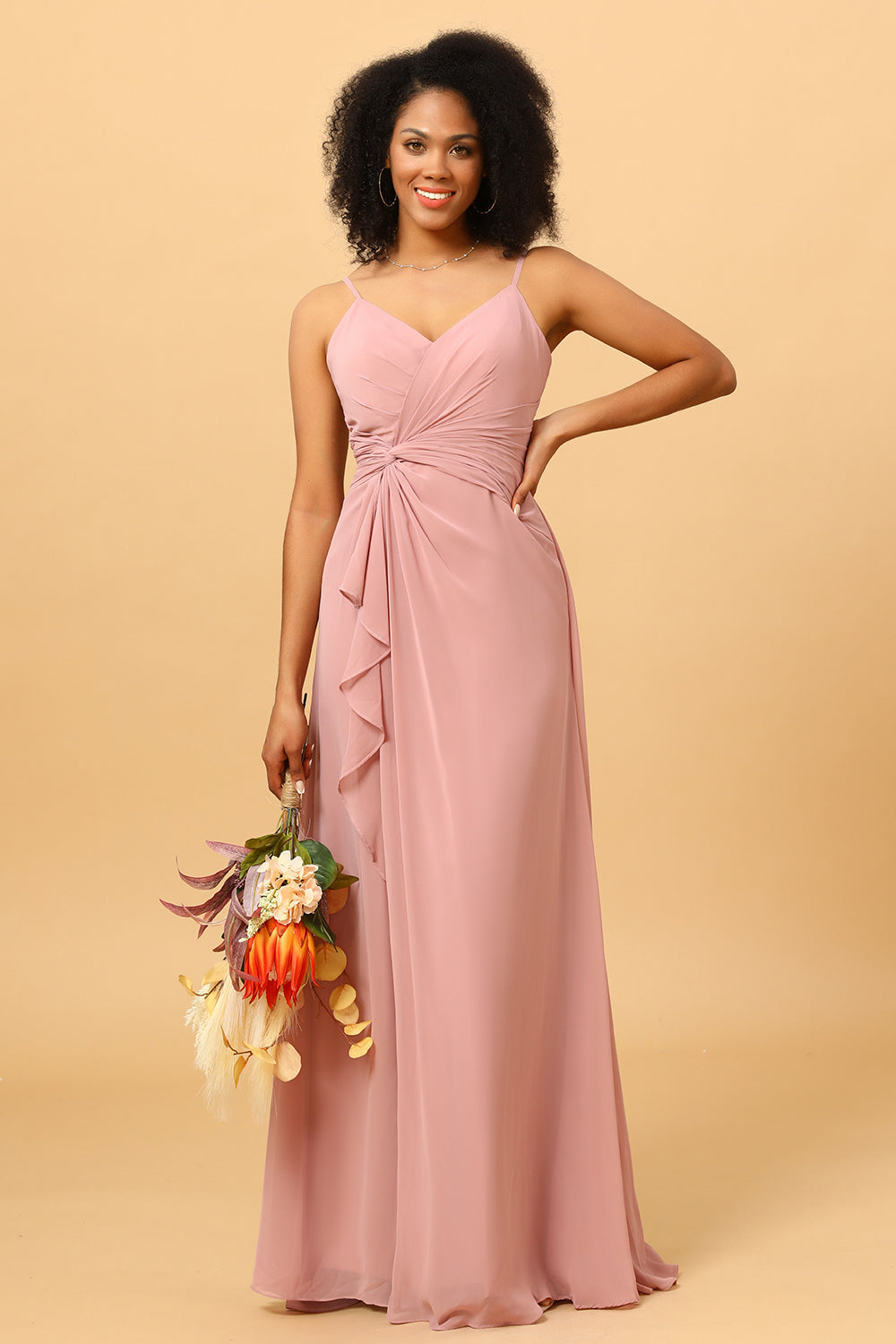 A Line Spaghetti Straps Blush Long Bridesmaid Dress with Split Front