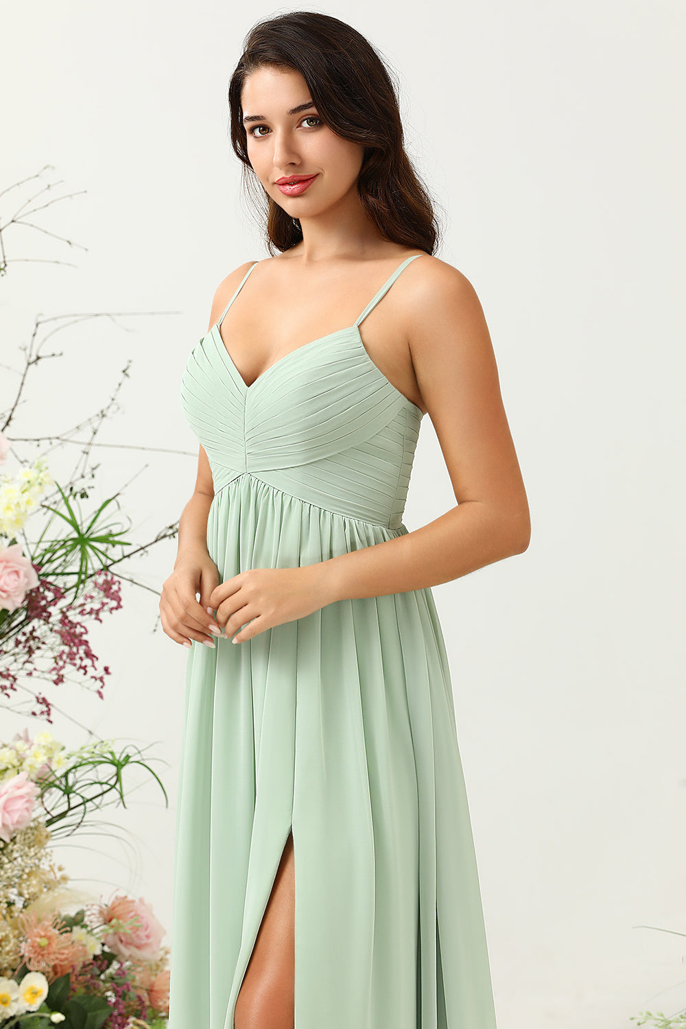 A Line Spaghetti Straps Sage Long Bridesmaid Dress with Split Front