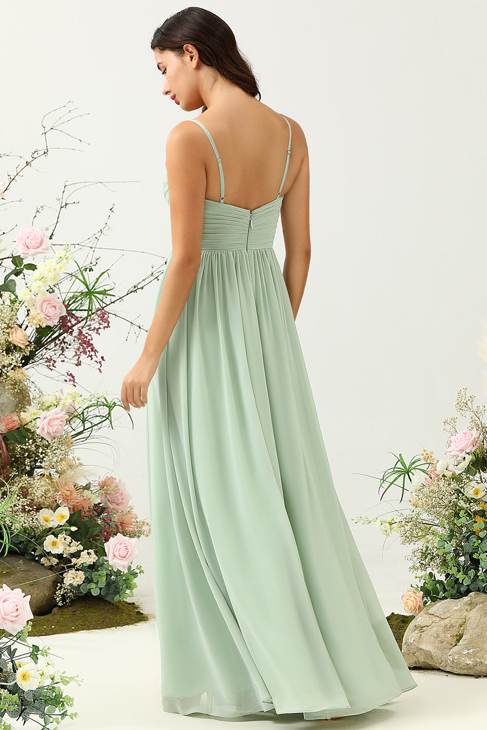 A Line Spaghetti Straps Sage Long Bridesmaid Dress with Split Front