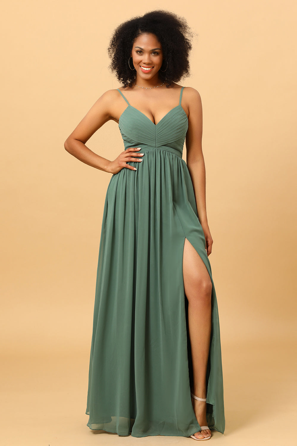 A Line Spaghetti Straps Sage Long Bridesmaid Dress with Split Front