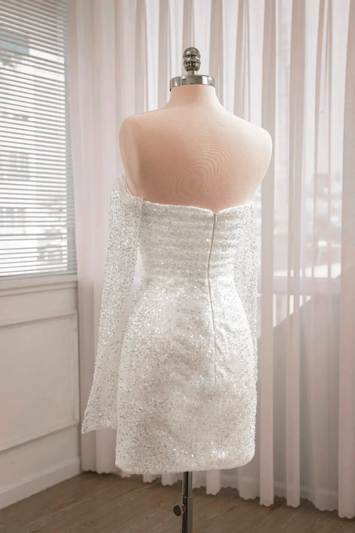 Aelia | Chic Short Sequined Backless Wedding Dress With Long Detachable Sleeves