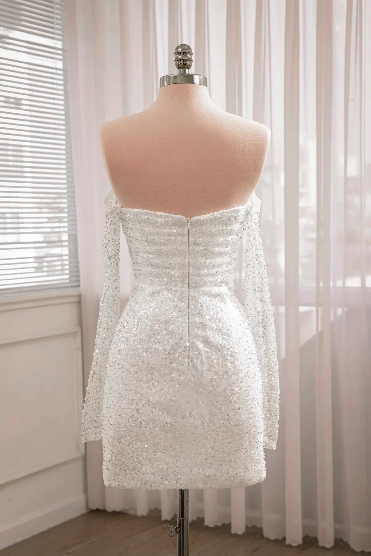 Aelia | Chic Short Sequined Backless Wedding Dress With Long Detachable Sleeves