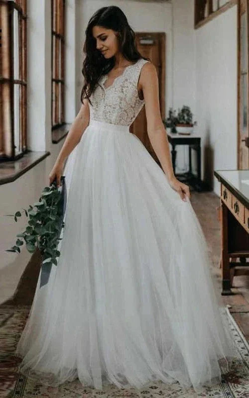 Rustic Boho Elegant A Line Tulle Lace V-neck Open Back Floor Length Sleeveless Wedding Dress