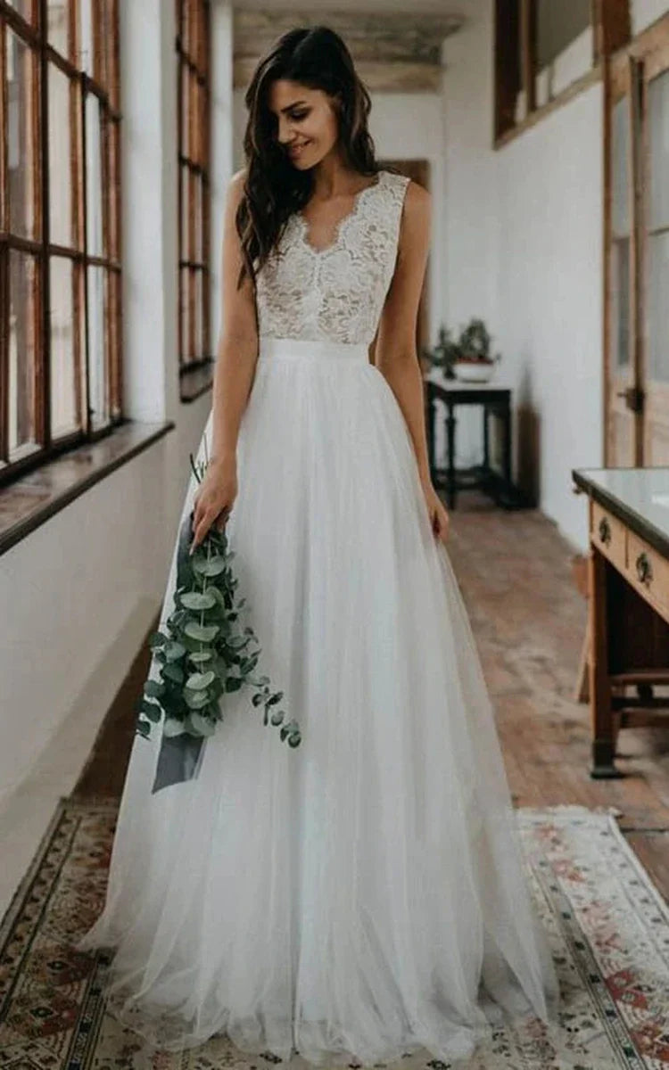 Rustic Boho Elegant A Line Tulle Lace V-neck Open Back Floor Length Sleeveless Wedding Dress