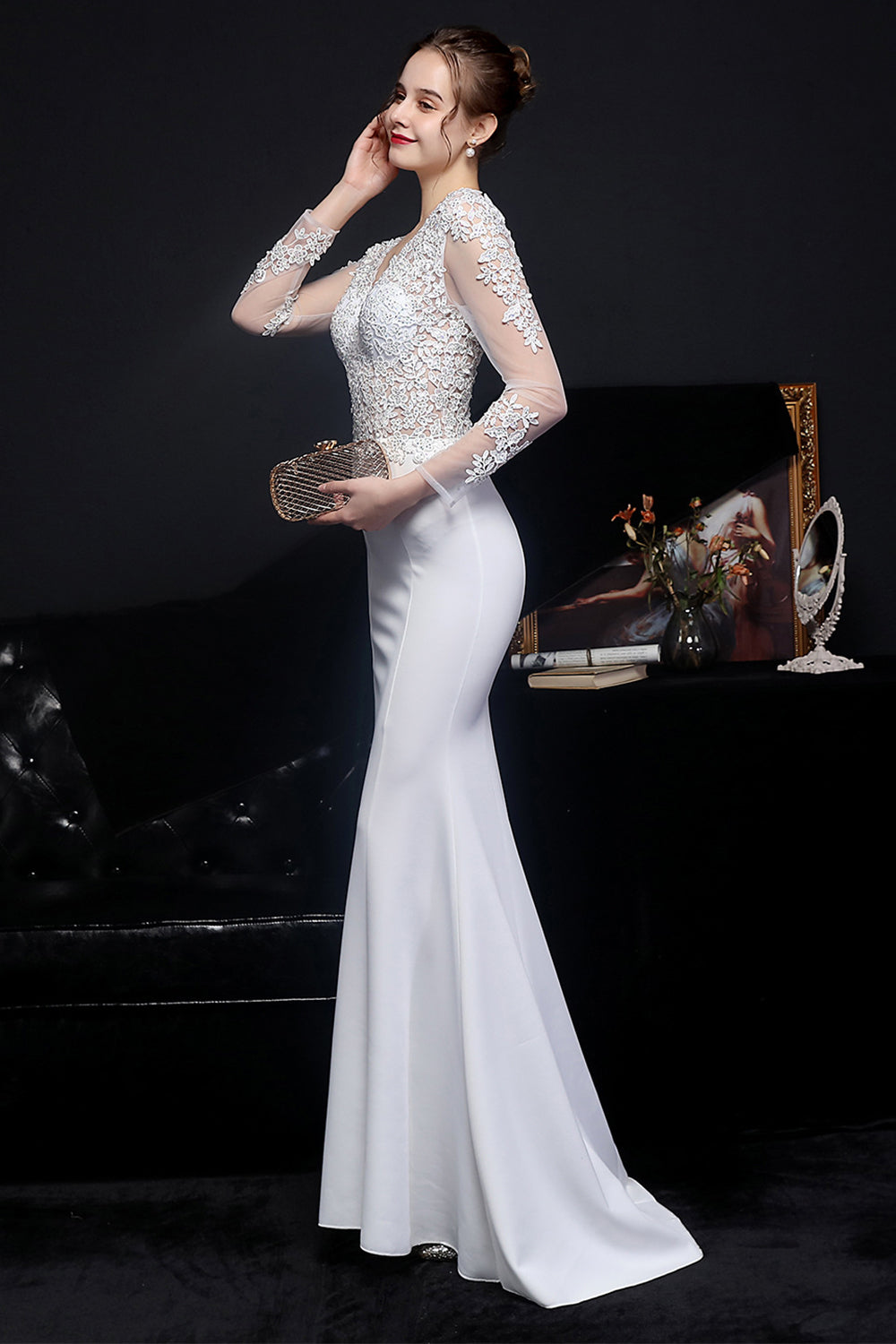 White Applique Mermaid Prom Dress