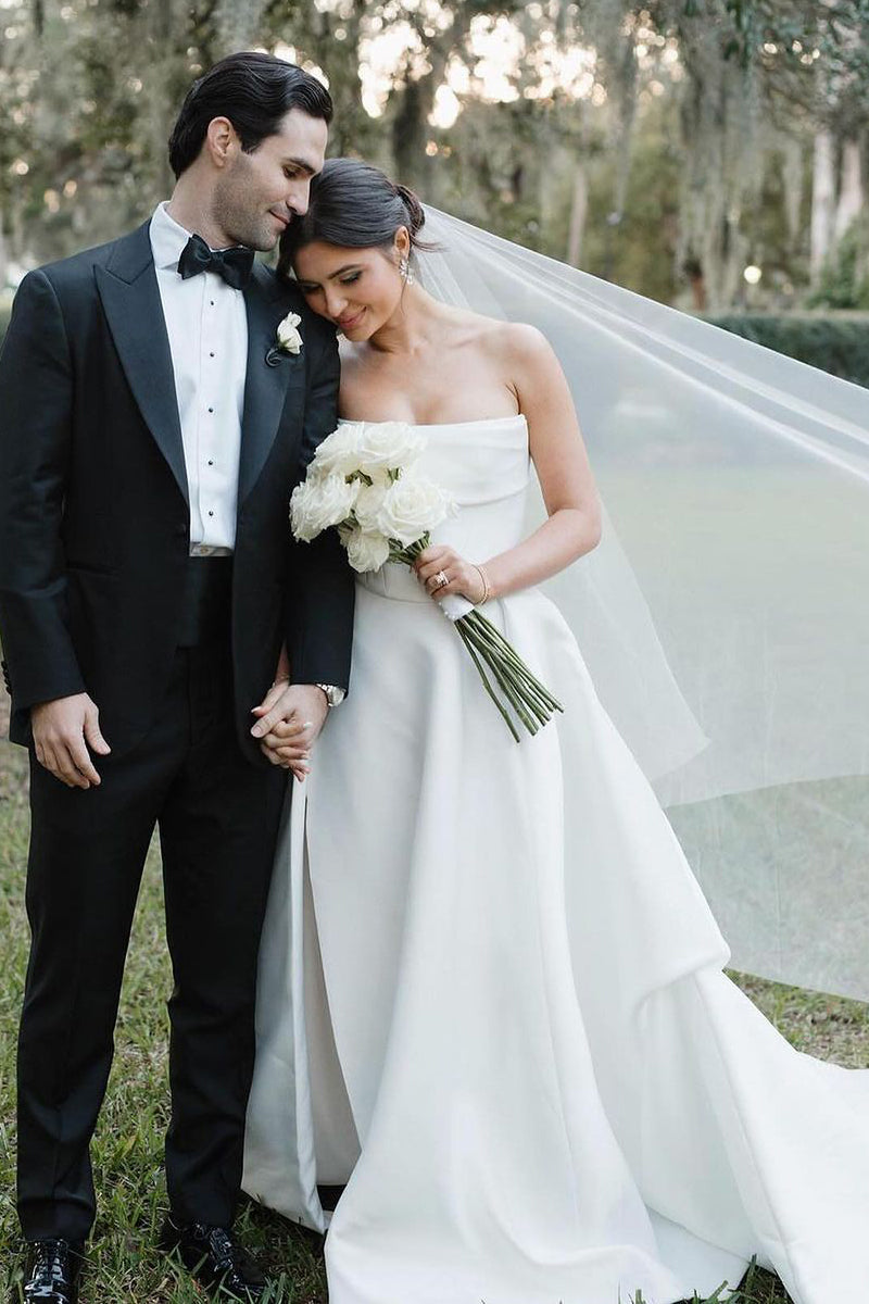 Jane | A-Line Strapless White Satin Wedding Dresses with Slit