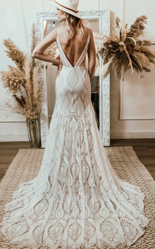 Trasy | Beach Floral Mermaid Plunging Boho Lace Wedding Dress with Sweep Train