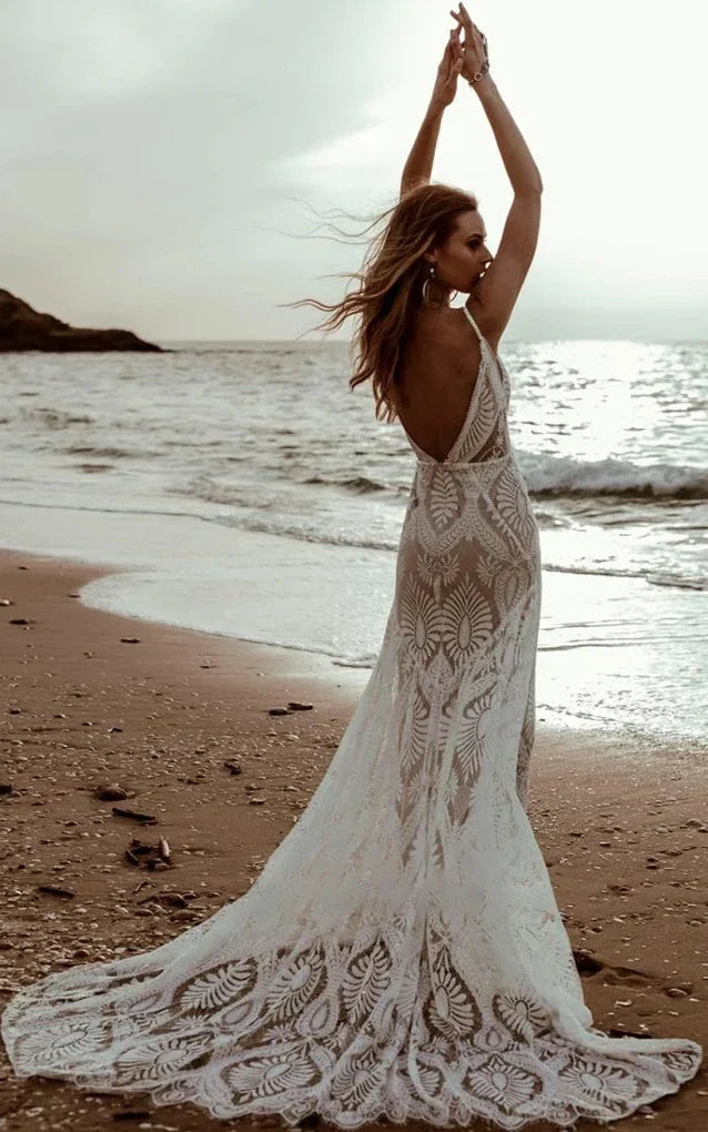 Trasy | Beach Floral Mermaid Plunging Boho Lace Wedding Dress with Sweep Train